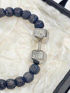 Handmade bracelet /w semiprecious stone & stainless steel "DON'T QUIT" dumbbell
